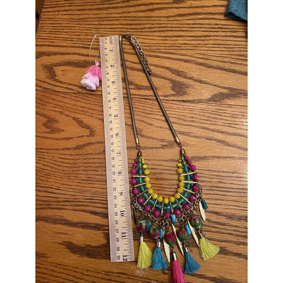 Ethnic Boho Bead Fabric Statement Necklace Fringe Tassel Earrings Gold Tone - Picture 4 of 10